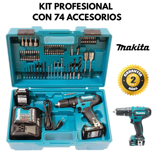 Kit Taladro Makita Percutor y Atornillador 18V Li-Ion kit de 74 accesorios🛠️🏠